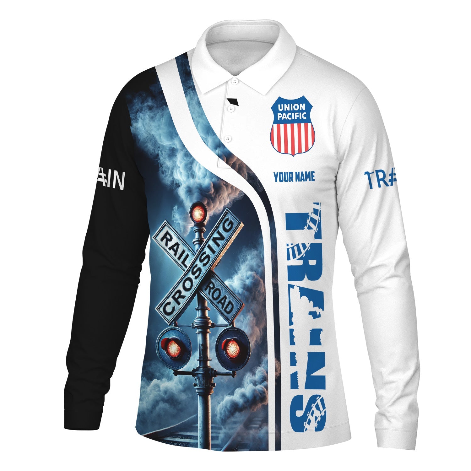 Railspirit Custom Name Union Pacific Railroad Long Sleeve Polo Shirt Railroad Crossing Sign Big Boy Printed Shirt