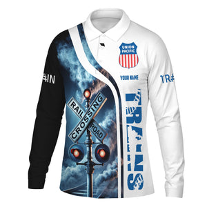 Railspirit Custom Name Union Pacific Railroad Long Sleeve Polo Shirt Railroad Crossing Sign Big Boy Printed Shirt