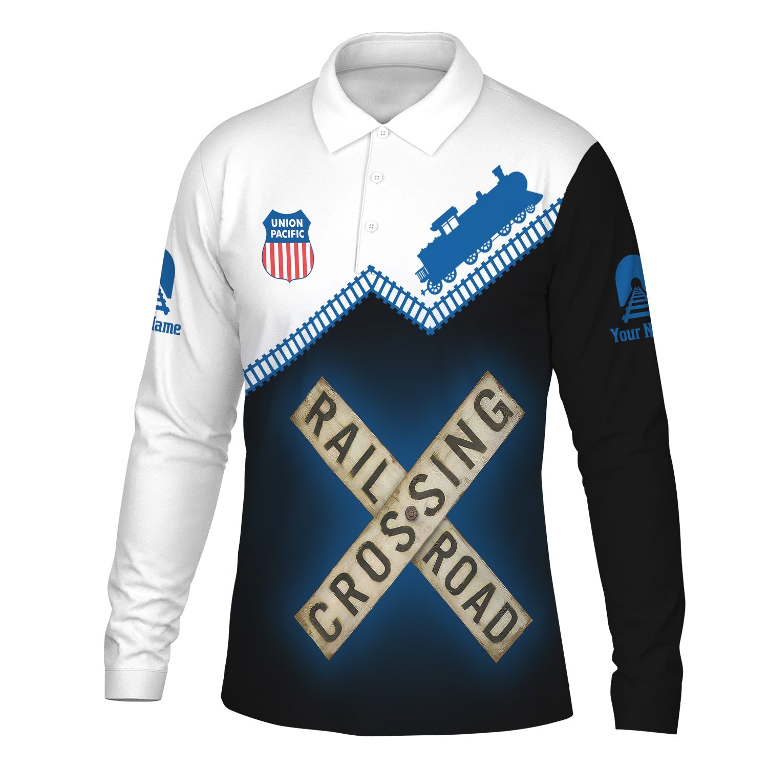 Railspirit Custom Name Union Pacific Railroad Long Sleeve Polo Shirt Railroad Crossing Big Boy Printed Train Track Shirt