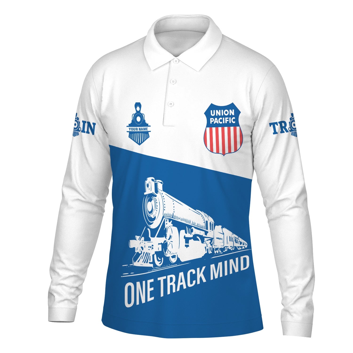 Railspirit Custom Name Union Pacific Railroad Long Sleeve Polo Shirt One Track Mind Big Boy Printed Shirt