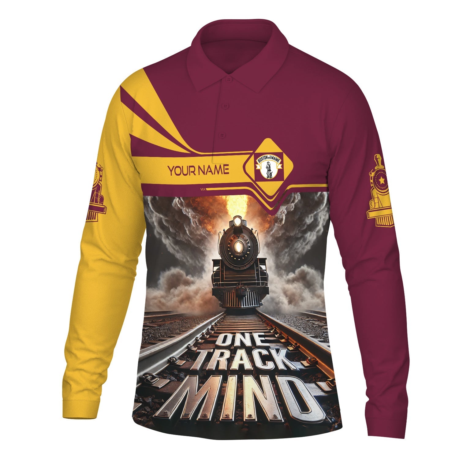 Railspirit Personalized Boston and Maine Railroad Long Sleeve Polo Shirt One Track Mind Train Printed Shirt
