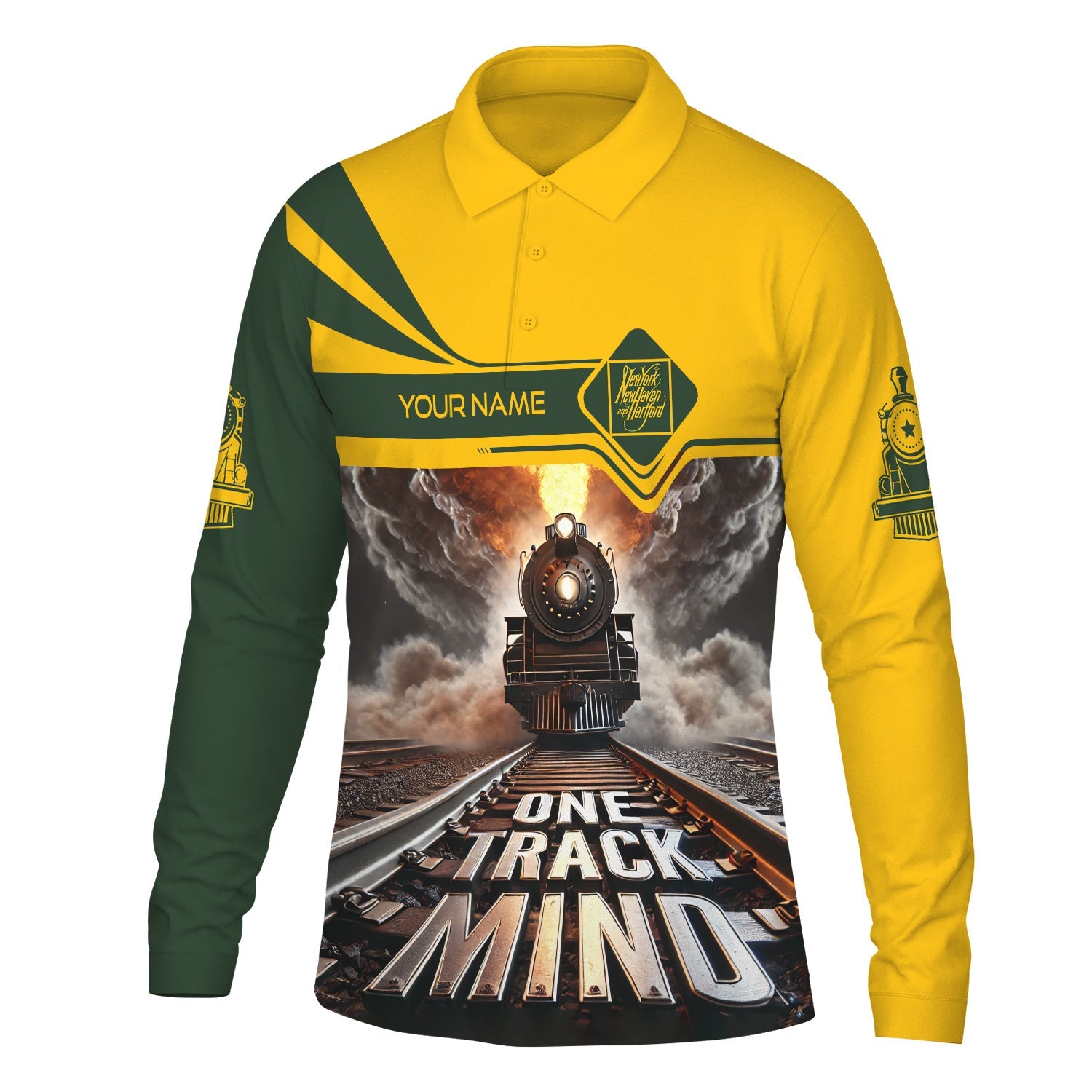 Railspirit Personalized New York, New Haven and Hartford Railroad Long Sleeve Polo Shirt One Track Mind New Haven Railroad Train Printed Shirt