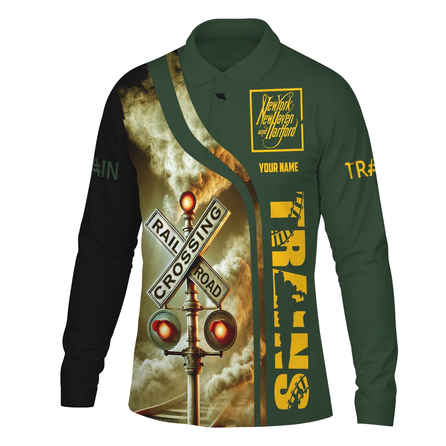 Railspirit Custom Name New York, New Haven and Hartford Railroad Long Sleeve Polo Shirt Railroad Crossing Sign New Haven Railroad Printed Shirt