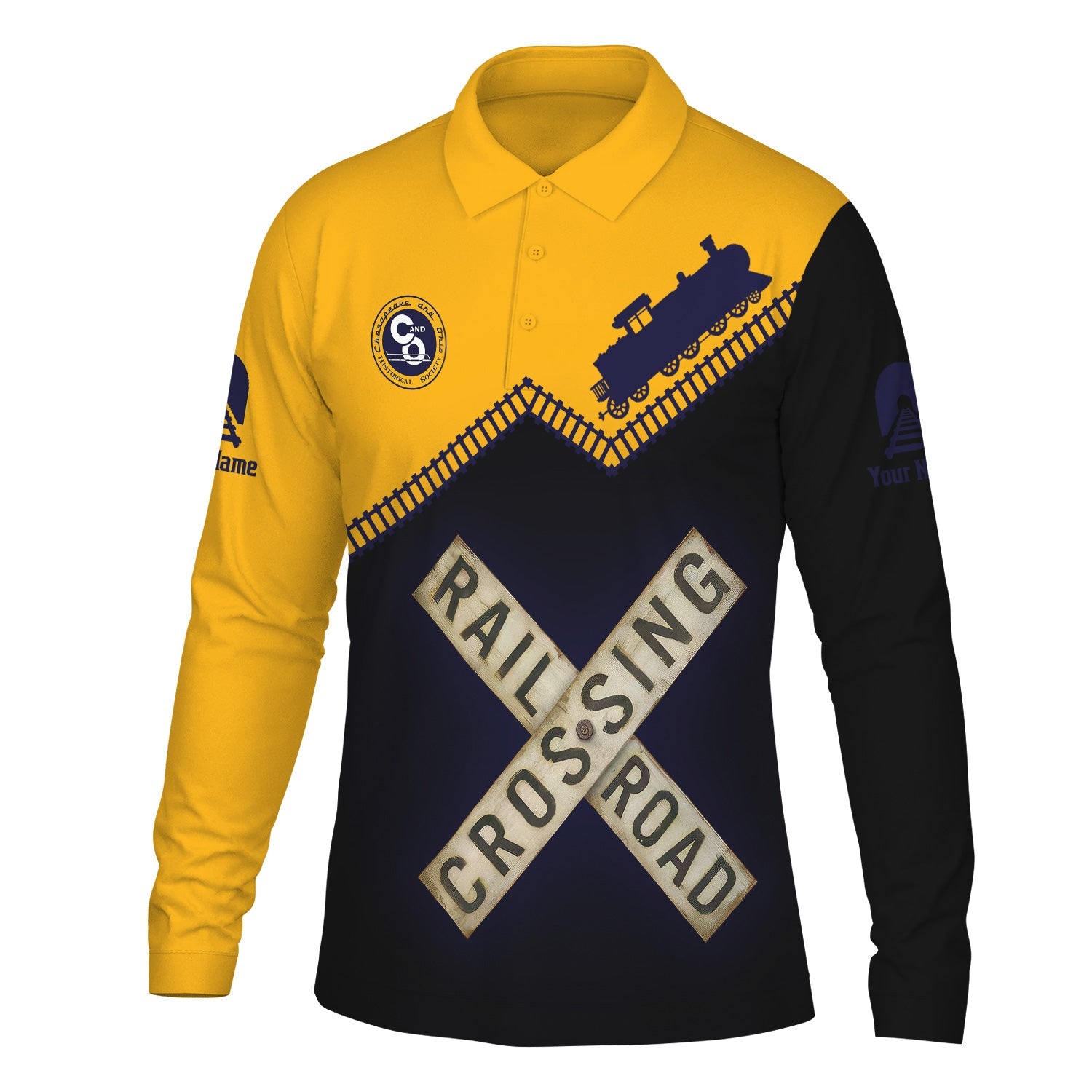 Railspirit Custom Name Chesapeake and Ohio Railway Long Sleeve Polo Shirt Railroad Crossing C&O Printed Train Track Shirt