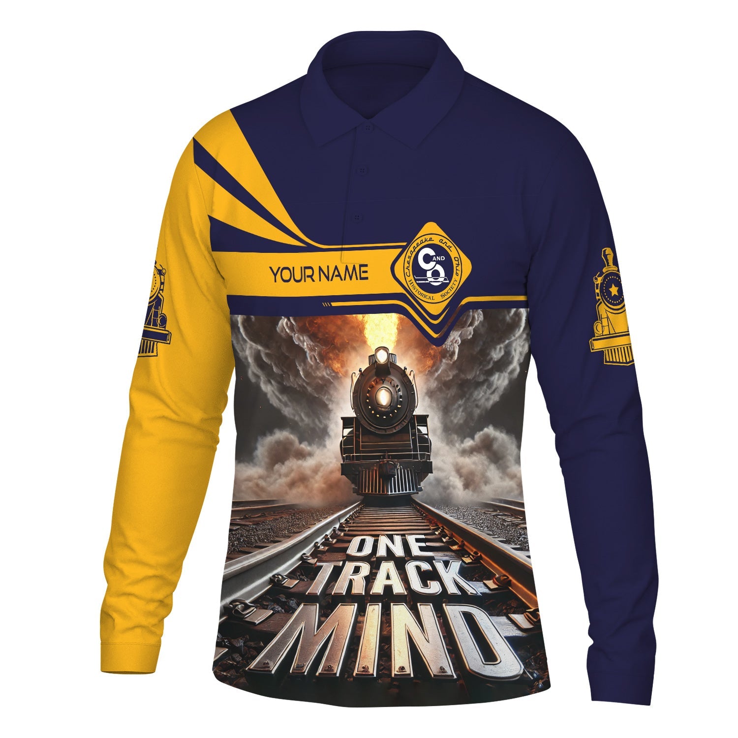 Railspirit Personalized Chesapeake and Ohio Railway Long Sleeve Polo Shirt One Track Mind C&O Train Printed Shirt