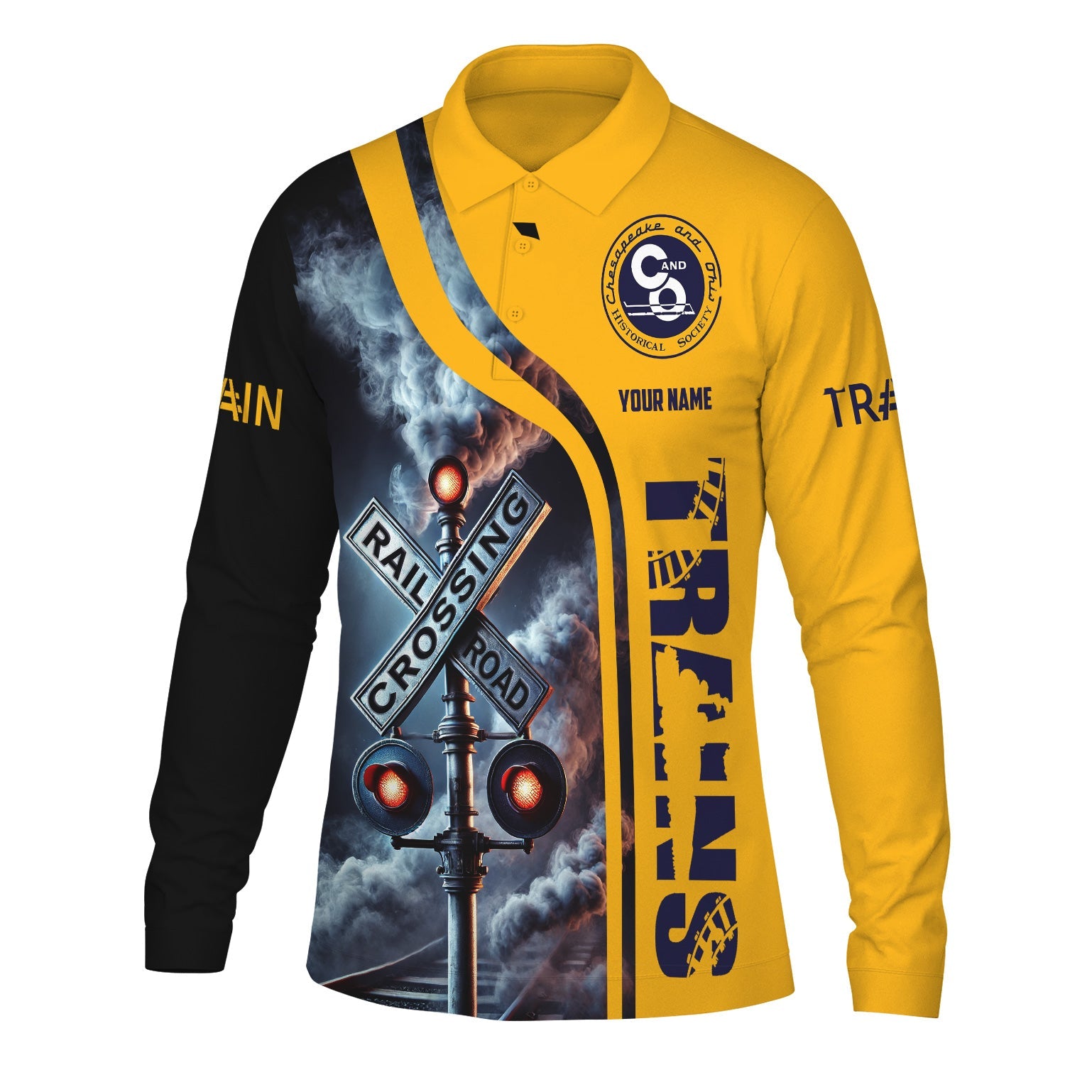 Railspirit Custom Name Chesapeake and Ohio Railway Long Sleeve Polo Shirt Railroad Crossing Sign C&O Printed Shirt