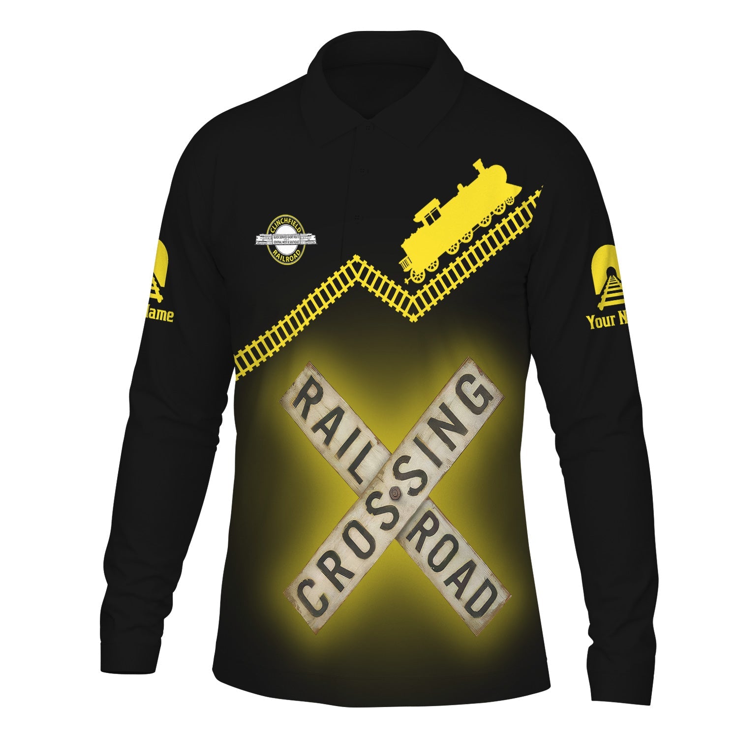 Railspirit Custom Name Clinchfield Railroad Long Sleeve Polo Shirt Railroad Crossing Printed Train Track Shirt