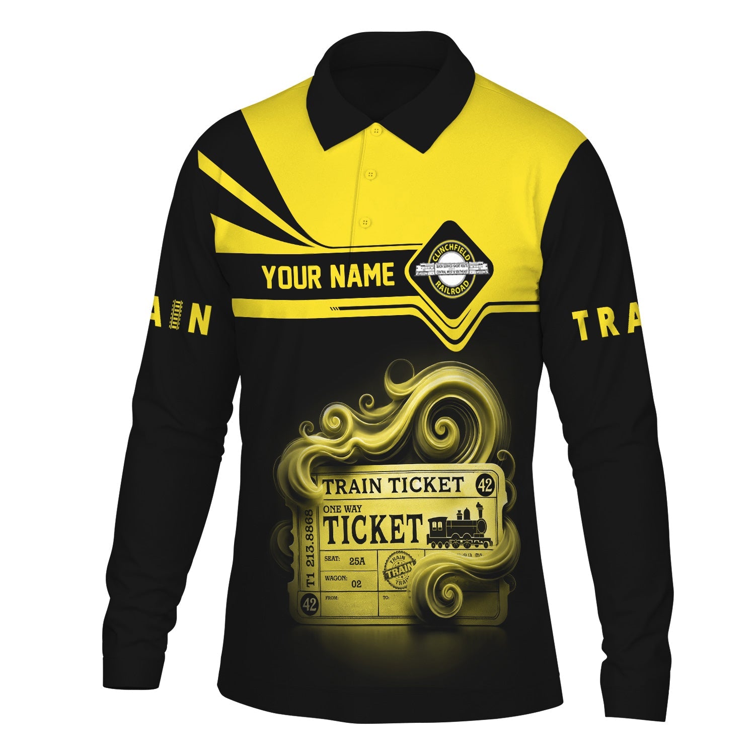 Railspirit Custom Name Clinchfield Railroad Long Sleeve Polo Shirt Train Ticket Printed Shirt