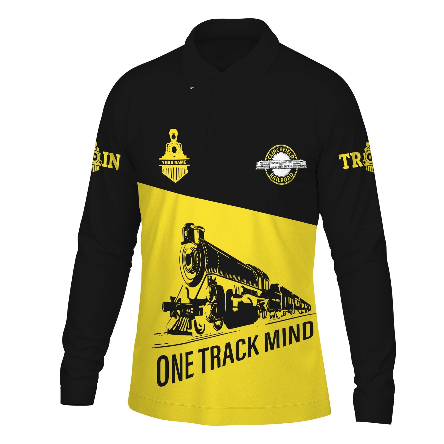 Railspirit Custom Name Clinchfield Railroad Long Sleeve Polo Shirt One Track Mind Printed Shirt