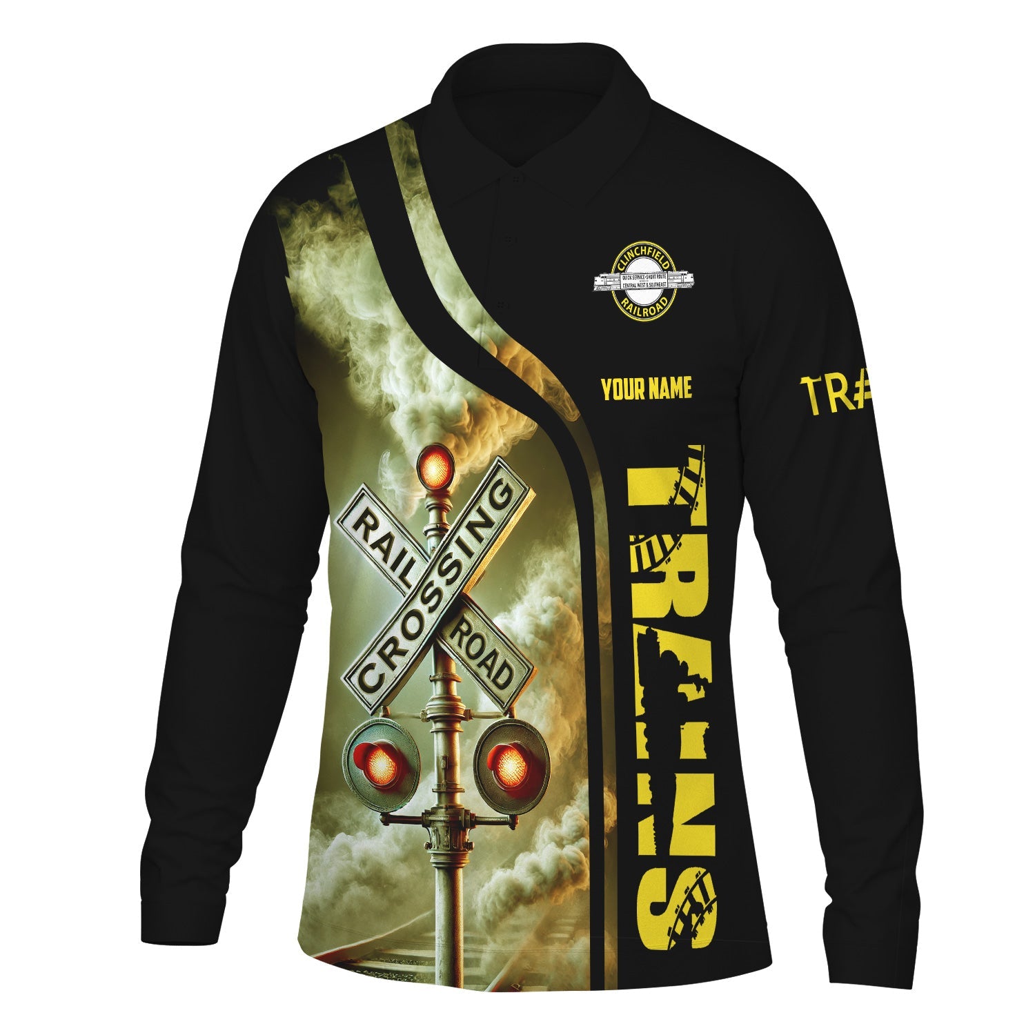 Railspirit Custom Name Clinchfield Railroad Long Sleeve Polo Shirt Railroad Crossing Sign Printed Shirt