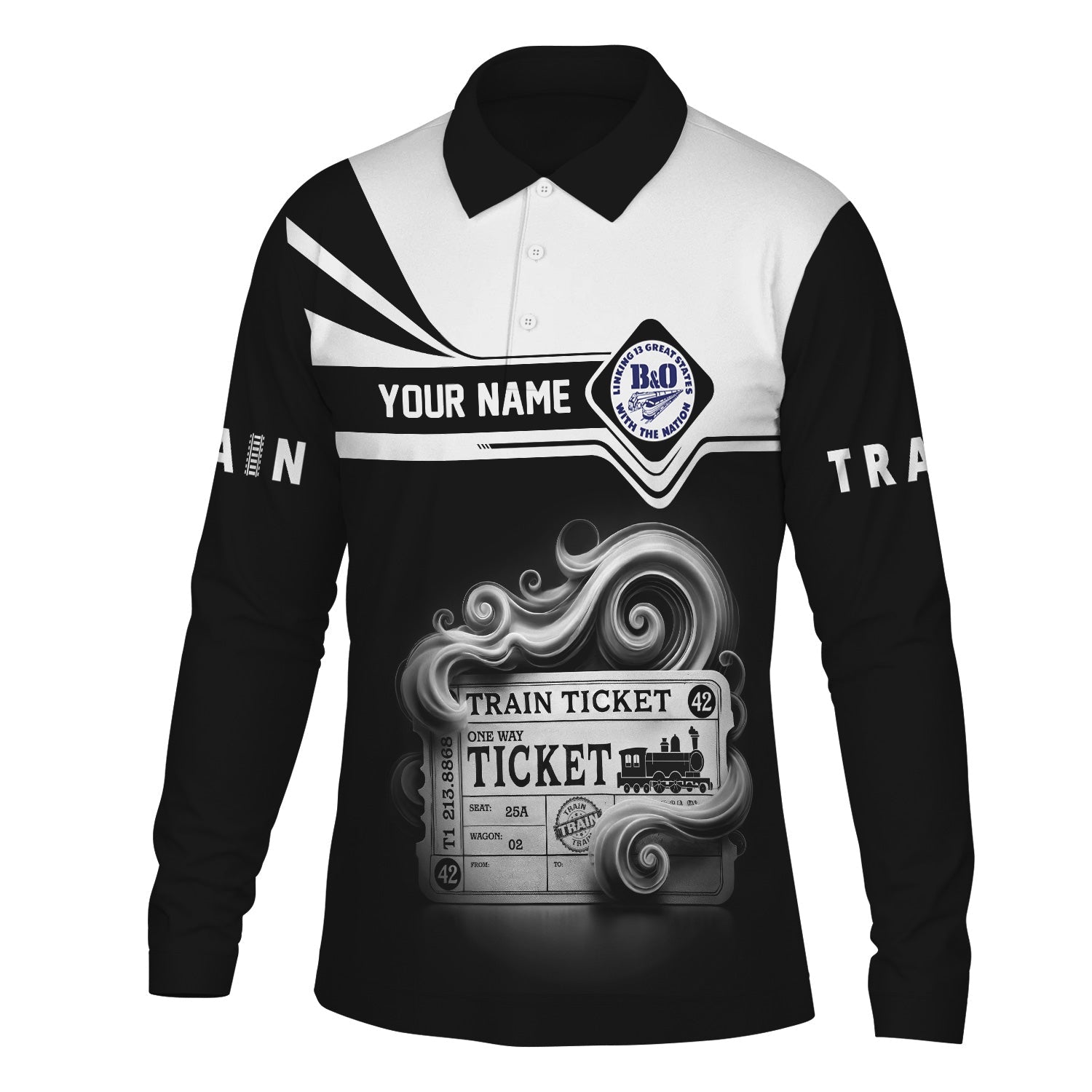 Railspirit Custom Name B&O Great States Railroad Long Sleeve Polo Shirt Train Ticket Printed Shirt