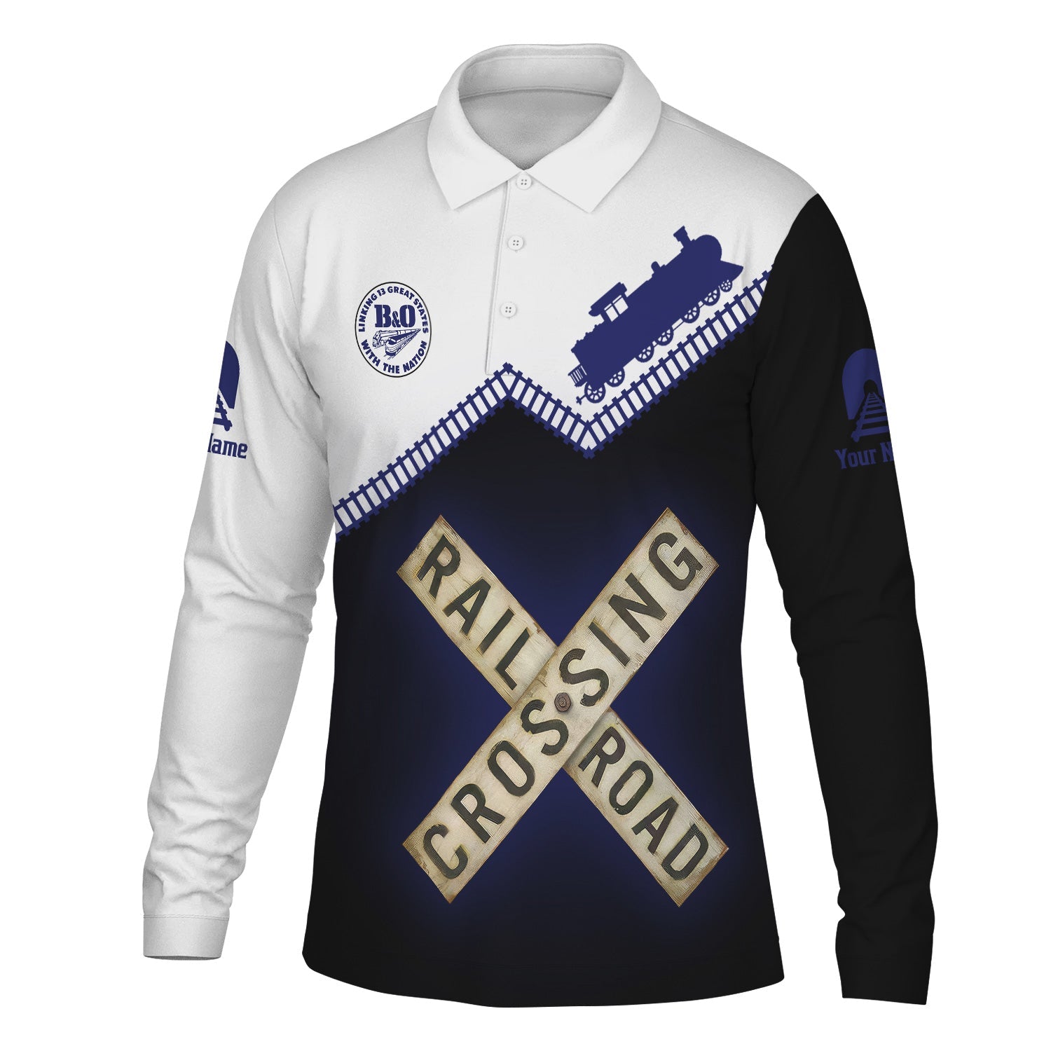Railspirit Custom Name B&O Great States Railroad Long Sleeve Polo Shirt Railroad Crossing Printed Train Track Shirt