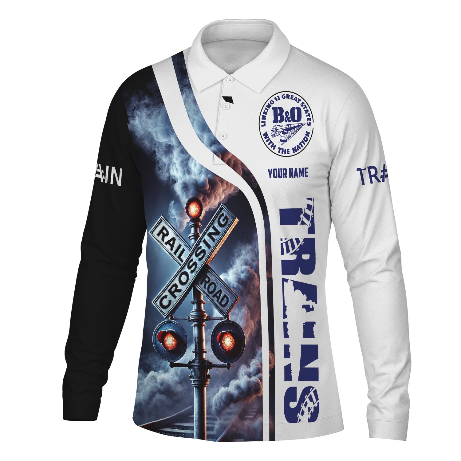 Railspirit Custom Name B&O Great States Railroad Long Sleeve Polo Shirt Railroad Crossing Sign Printed Shirt