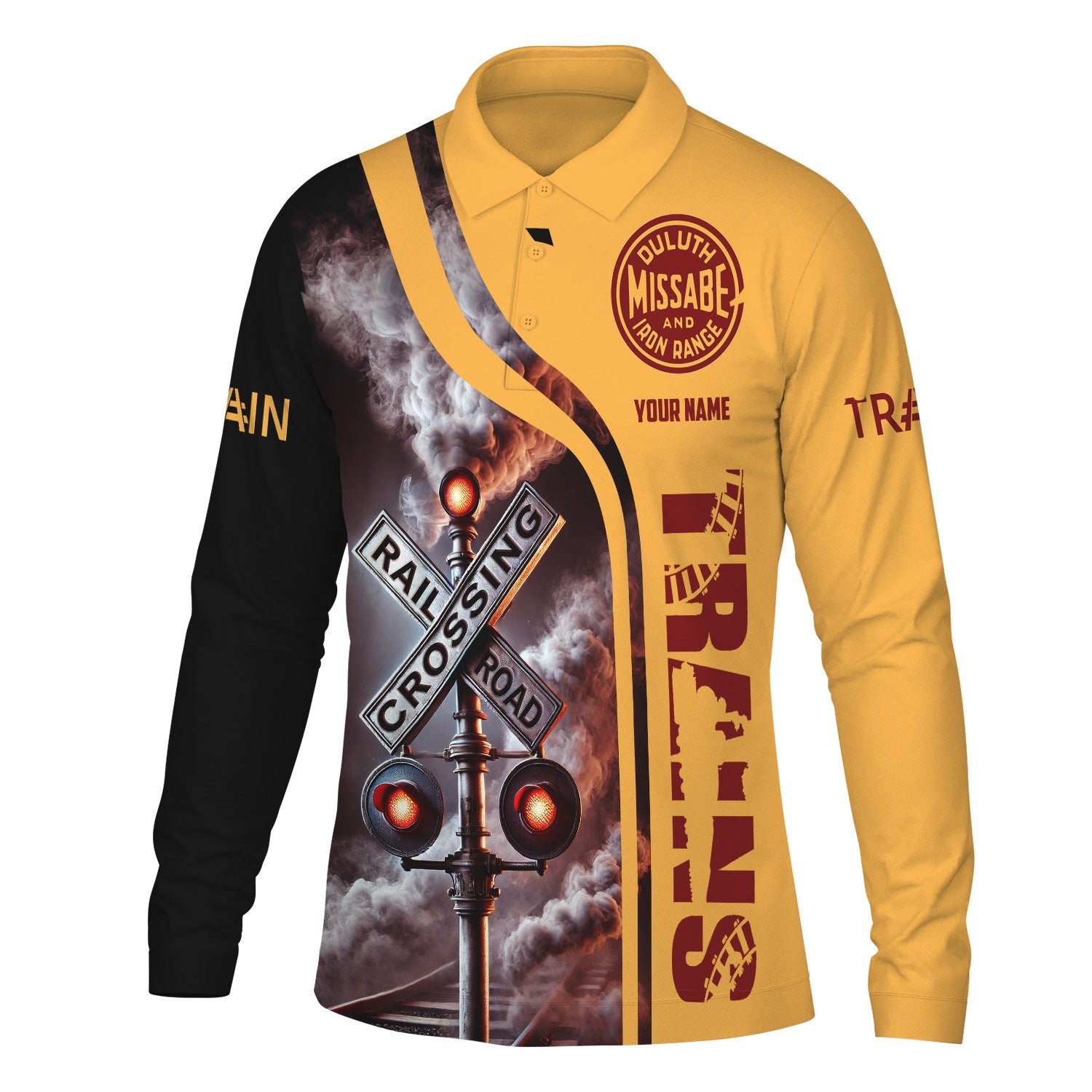Railspirit Custom Name Duluth, Missabe, & Iron Range Railroad Long Sleeve Polo Shirt Railroad Crossing Sign Printed Shirt