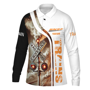 Railspirit Custom Name BNSF Railway Long Sleeve Polo Shirt Railroad Crossing Sign Printed Shirt