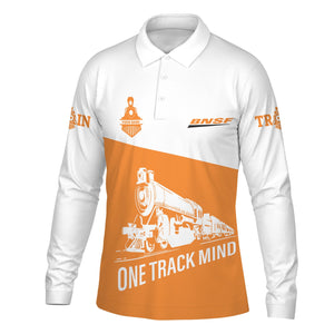 Railspirit Custom Name BNSF Railway Long Sleeve Polo Shirt One Track Mind Printed Shirt