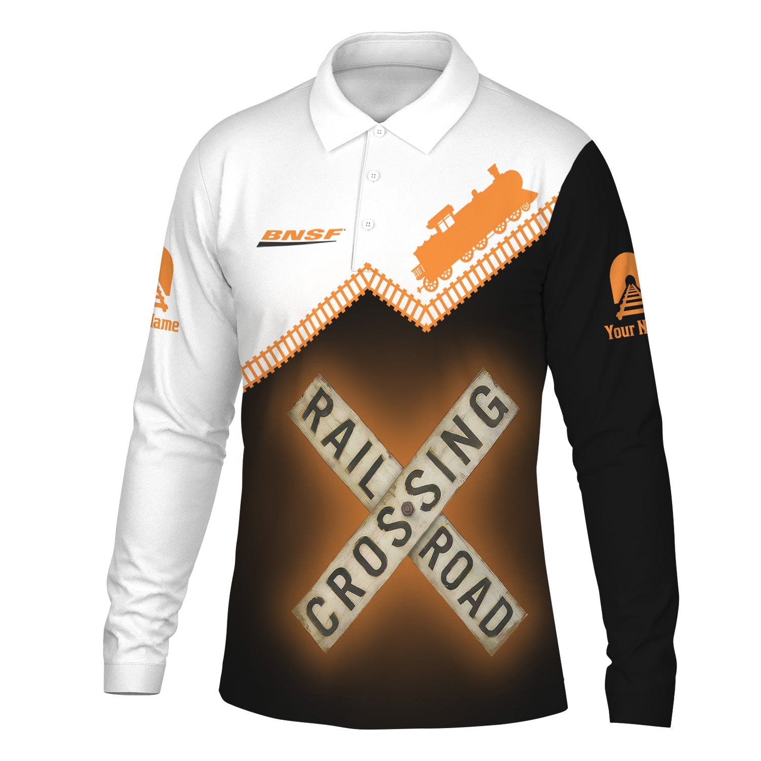 Railspirit Custom Name BNSF Railway Long Sleeve Polo Shirt Railroad Crossing Printed Train Track Shirt