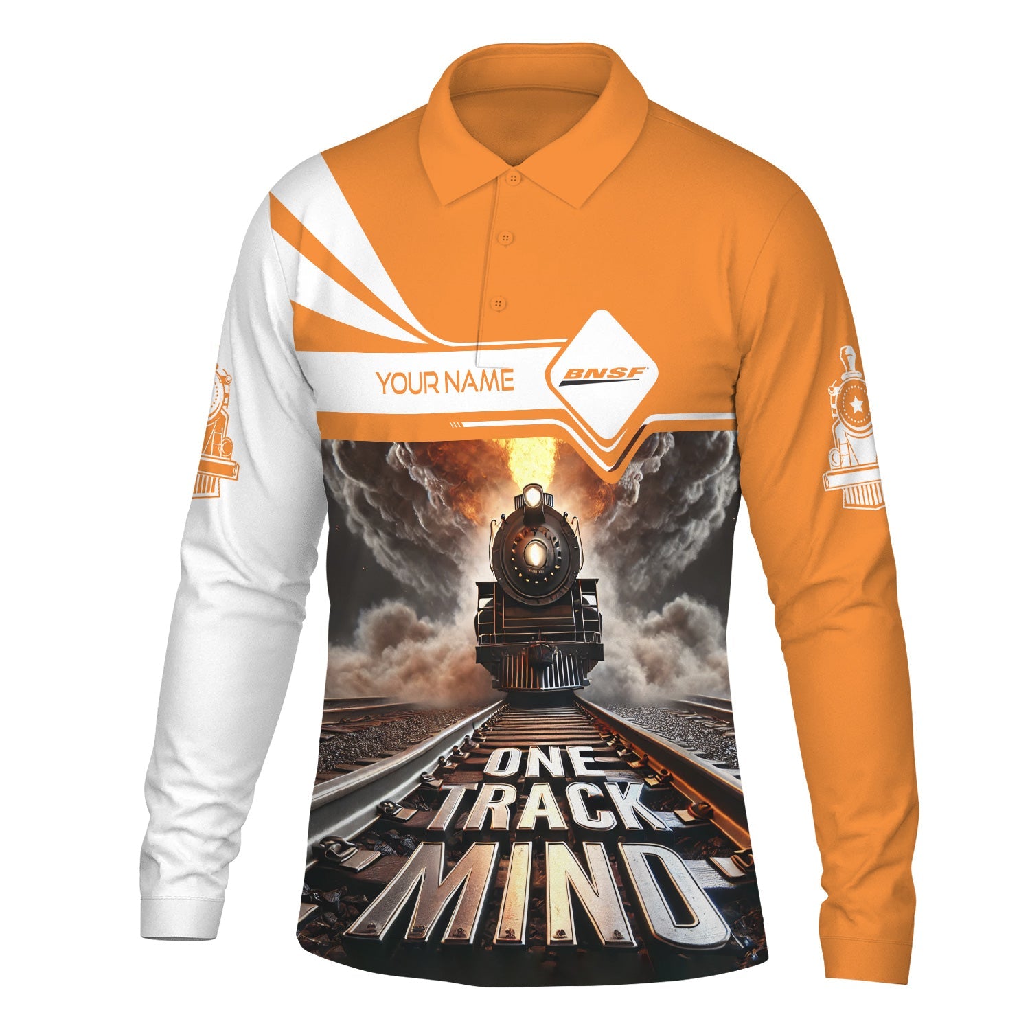 Railspirit Personalized BNSF Railway Long Sleeve Polo Shirt One Track Mind Train Printed Shirt
