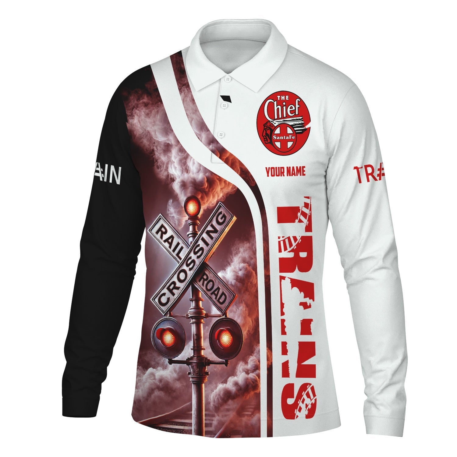 Railspirit Custom Name The Chief Santa Fe Railroad Long Sleeve Polo Shirt Railroad Crossing Sign Printed Shirt