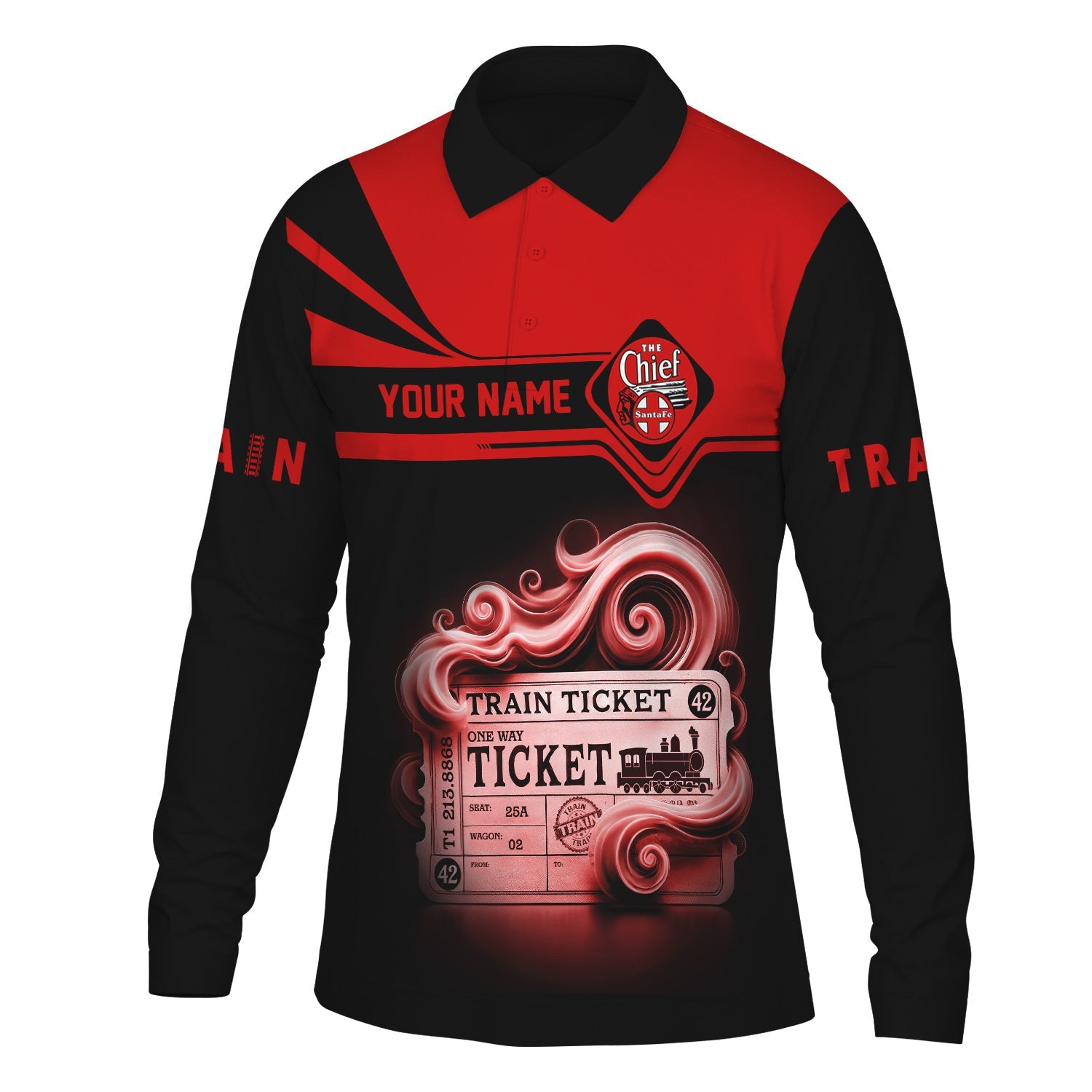 Railspirit Custom Name The Chief Santa Fe Railroad Long Sleeve Polo Shirt Train Ticket Printed Shirt