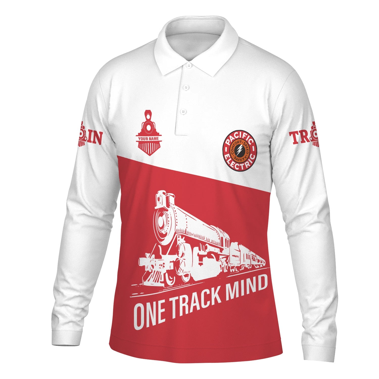 Railspirit Custom Name Pacific Electric Railroad Long Sleeve Polo Shirt One Track Mind Printed Shirt