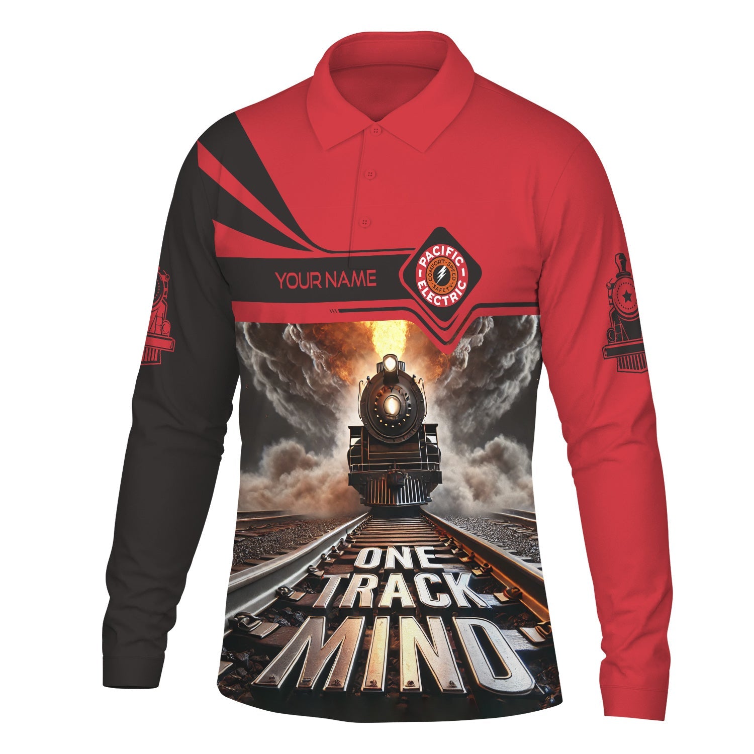 Railspirit Personalized Pacific Electric Railroad Long Sleeve Polo Shirt One Track Mind Train Printed Shirt