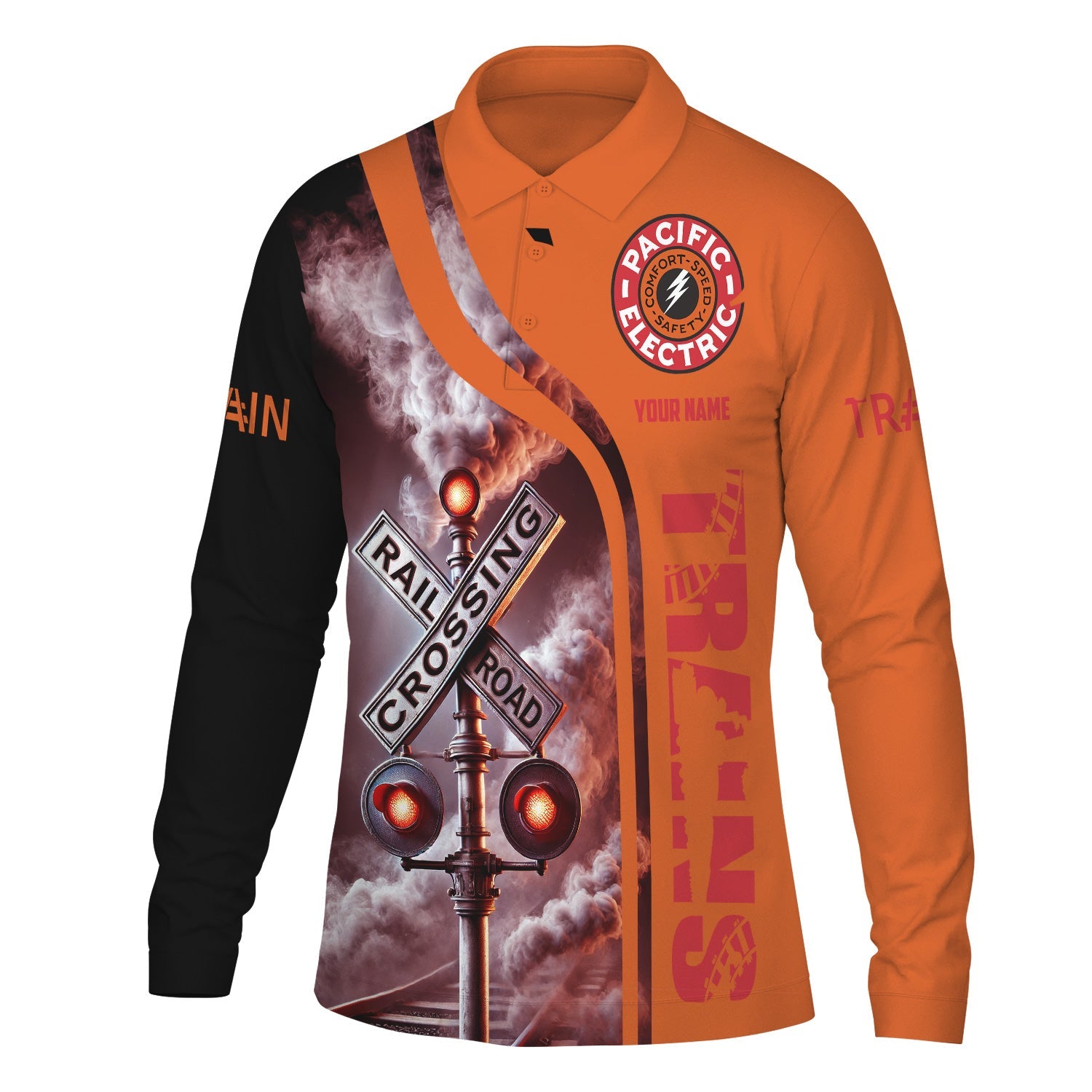 Railspirit Custom Name Pacific Electric Railroad Long Sleeve Polo Shirt Railroad Crossing Sign Printed Shirt