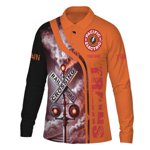 Railspirit Custom Name Pacific Electric Railroad Long Sleeve Polo Shirt Railroad Crossing Sign Printed Shirt