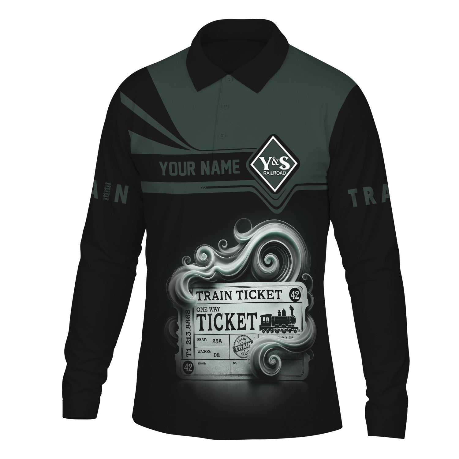 Railspirit Custom Name Youngstown & Southern Railroad Long Sleeve Polo Shirt Train Ticket Printed Shirt