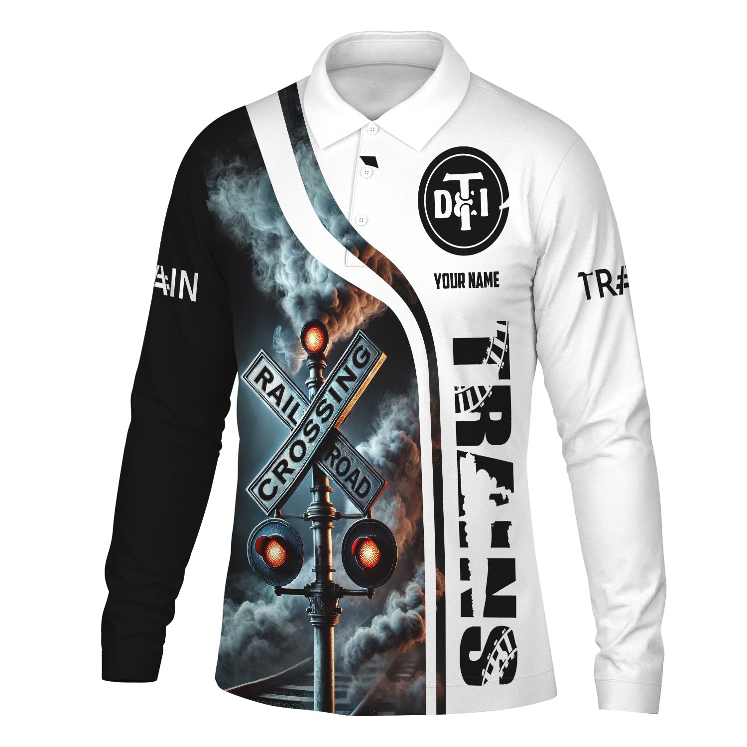 Railspirit Custom Name Detroit Toledo And Ironton Railroad Long Sleeve Polo Shirt Railroad Crossing Sign Printed Shirt
