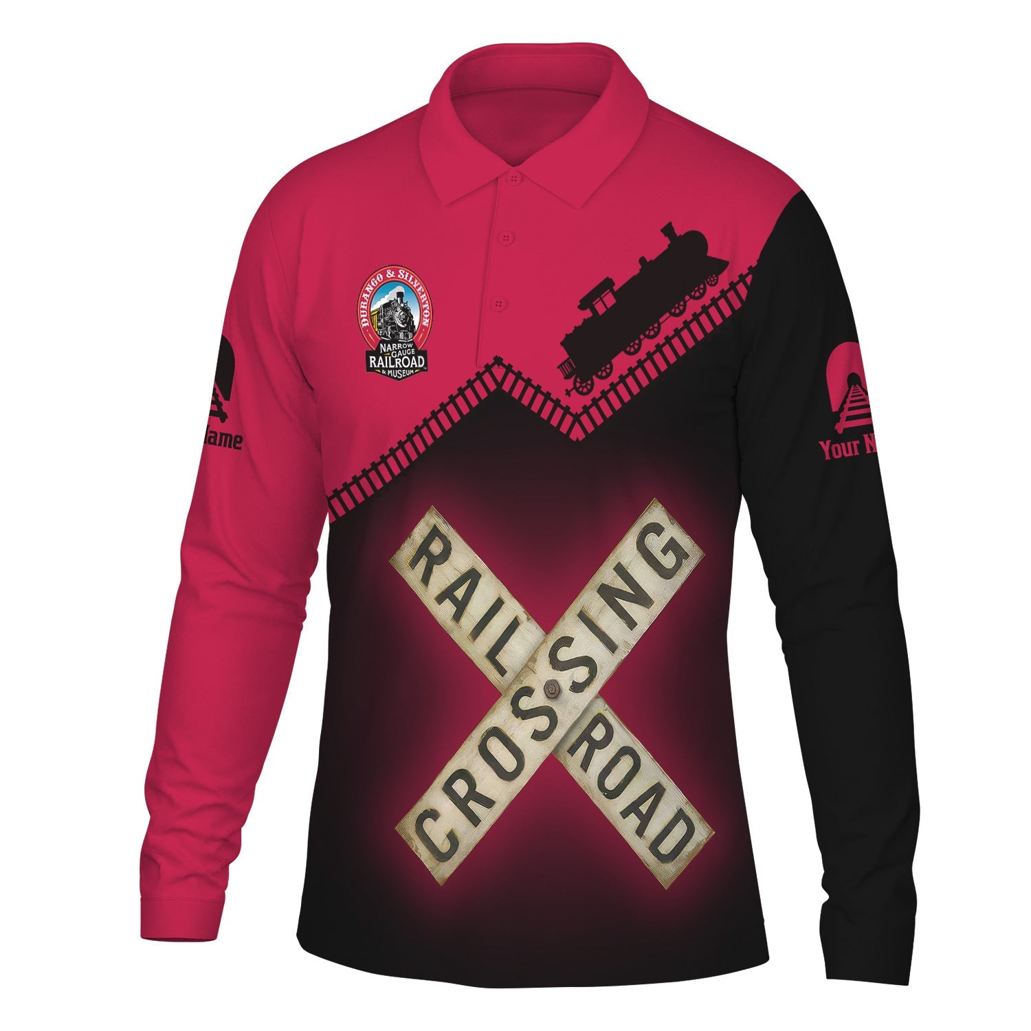 Railspirit Custom Name Durango And Silverton Narrow Gauge Railroad Long Sleeve Polo Shirt Railroad Crossing Printed Train Track Shirt