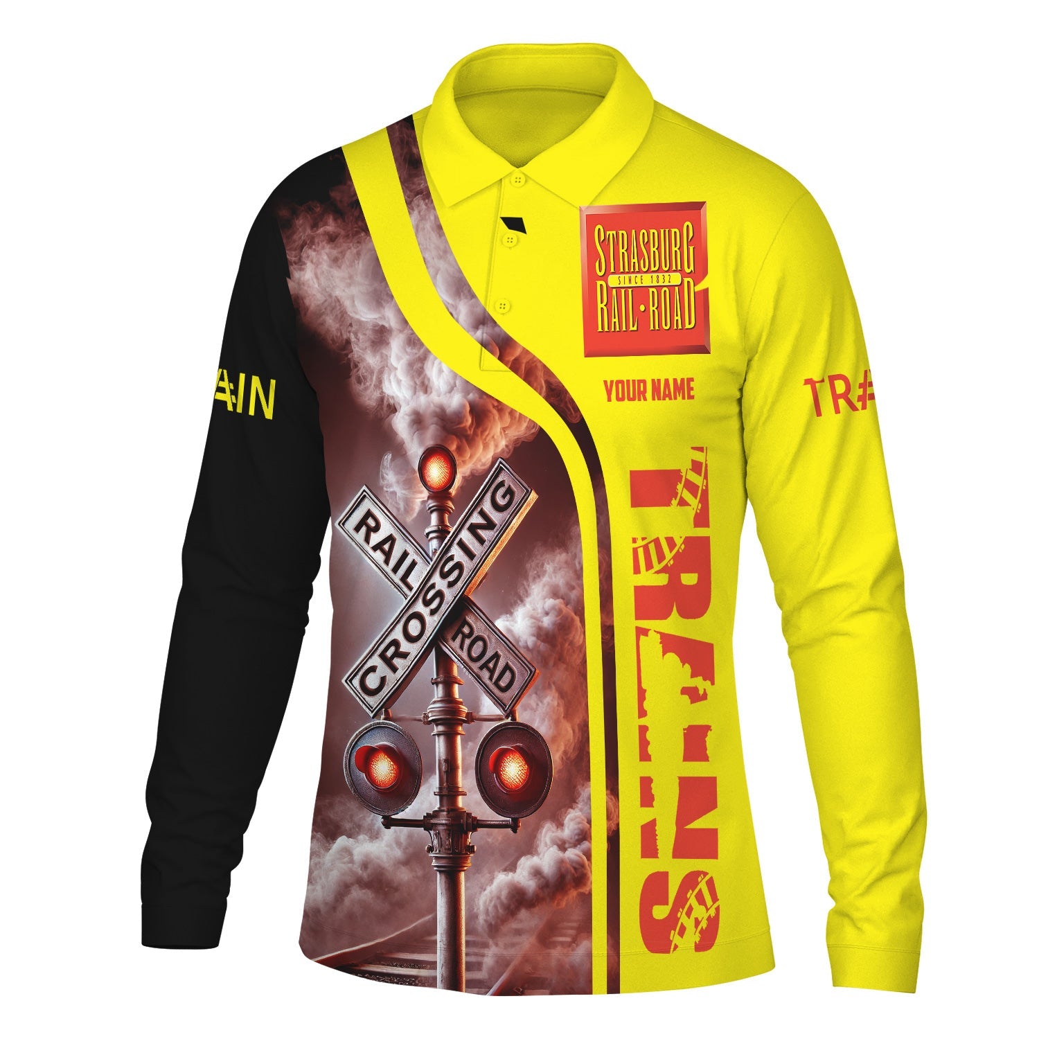 Railspirit Custom Name Strasburg Railroad Long Sleeve Polo Shirt Railroad Crossing Sign Printed Shirt