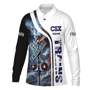 Railspirit Custom Name CSX Transportation Railroad Long Sleeve Polo Shirt Railroad Crossing Sign Printed Shirt