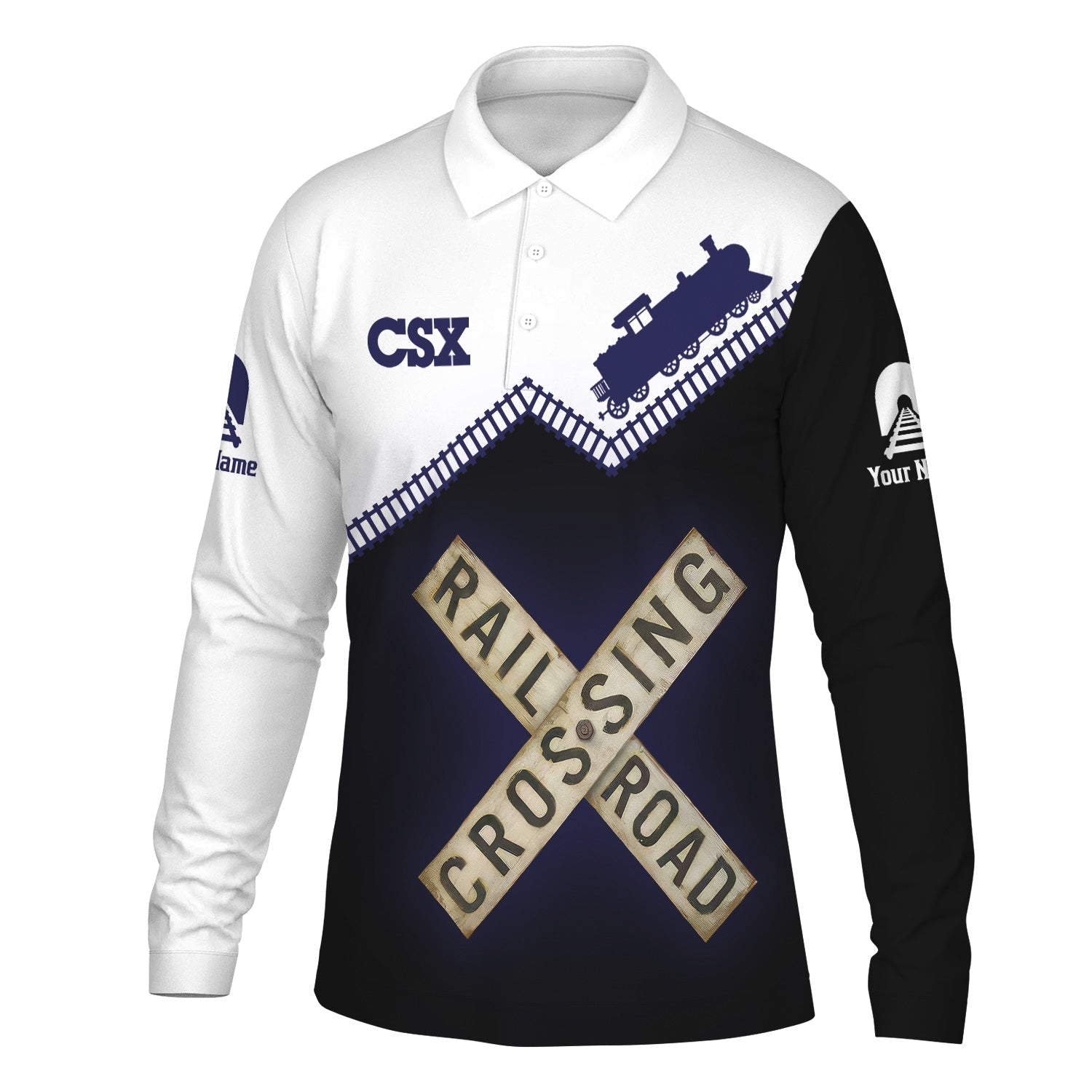Railspirit Custom Name CSX Transportation Railroad Long Sleeve Polo Shirt Railroad Crossing Printed Train Track Shirt
