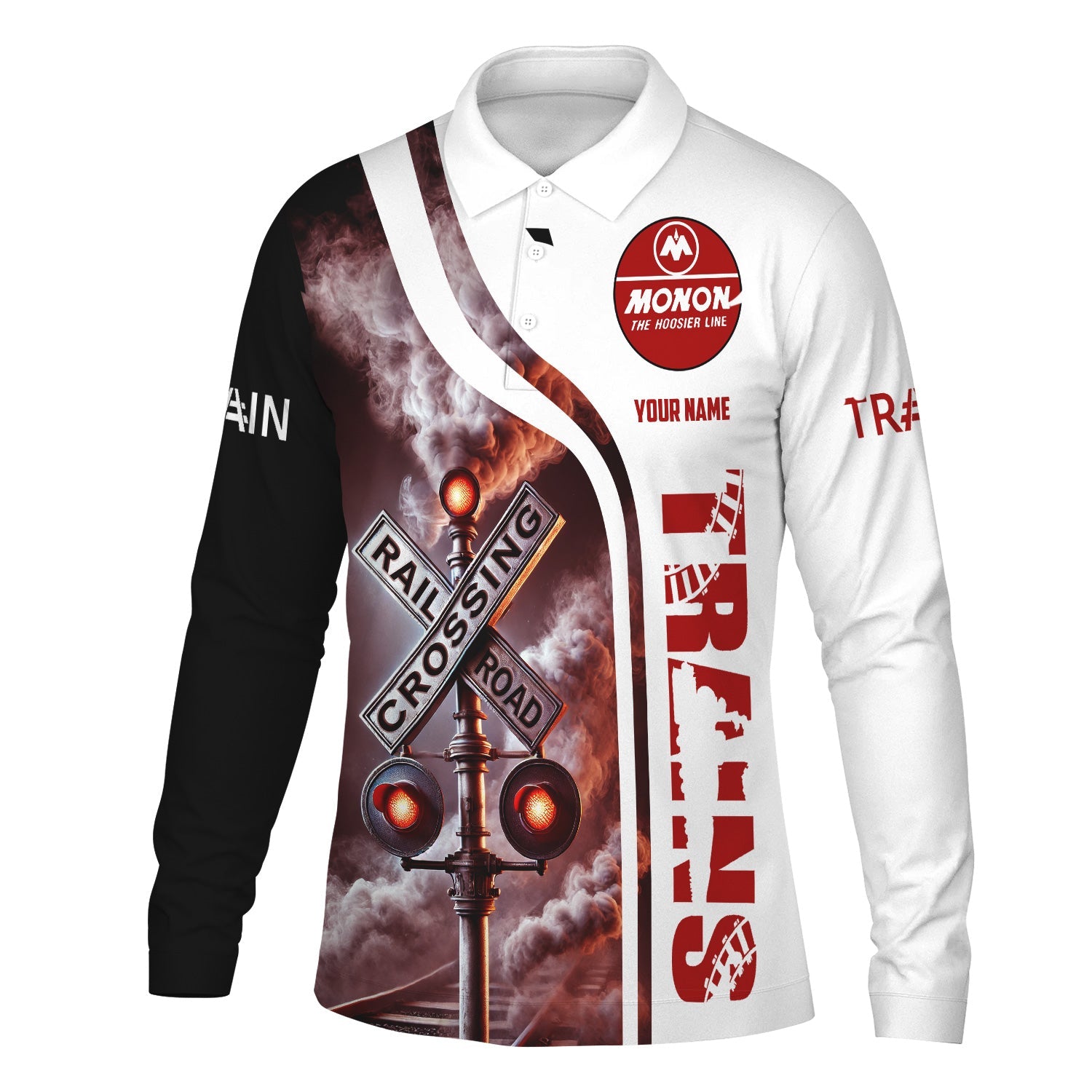 Railspirit Custom Name Monon Railroad Long Sleeve Polo Shirt Railroad Crossing Sign Printed Shirt