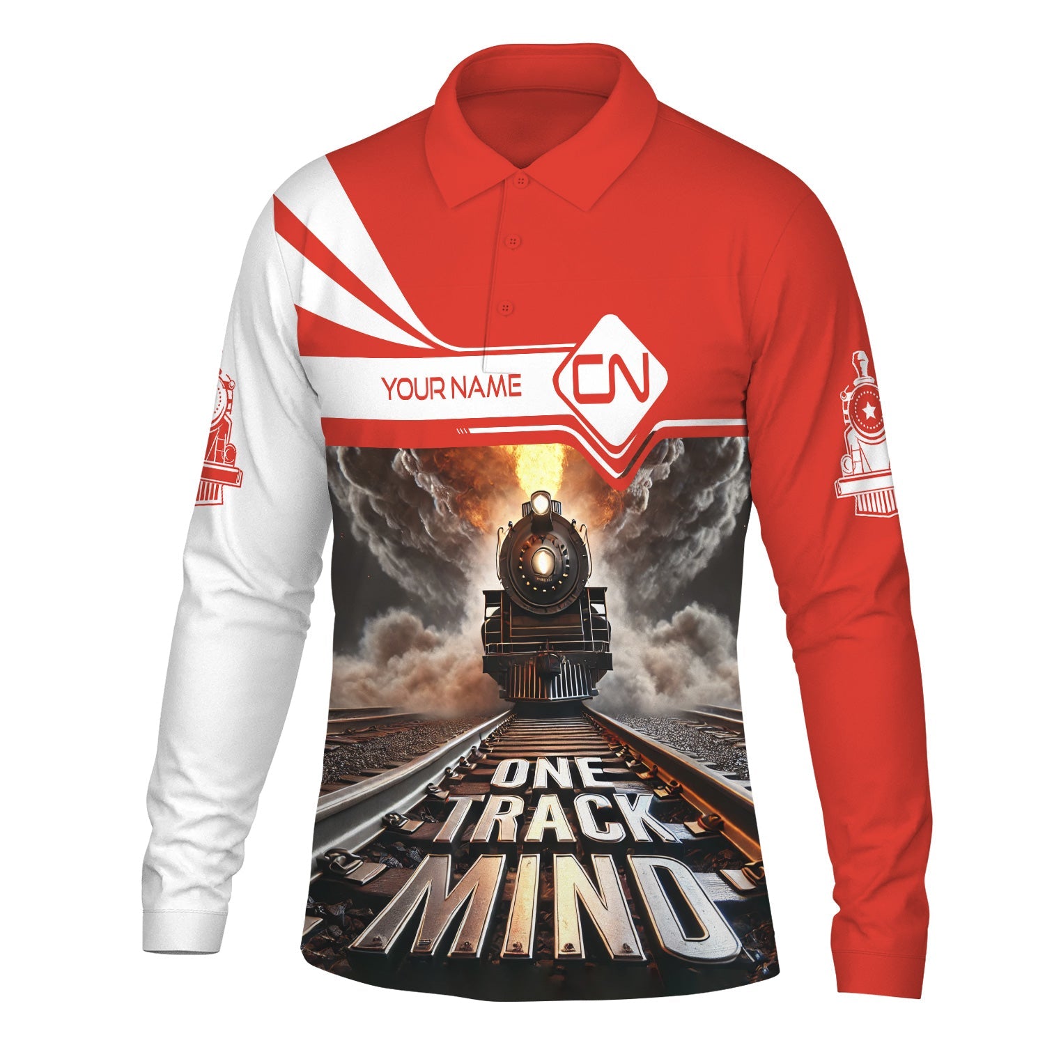 Railspirit Personalized Canadian National Railroad Long Sleeve Polo Shirt One Track Mind Train Printed Shirt
