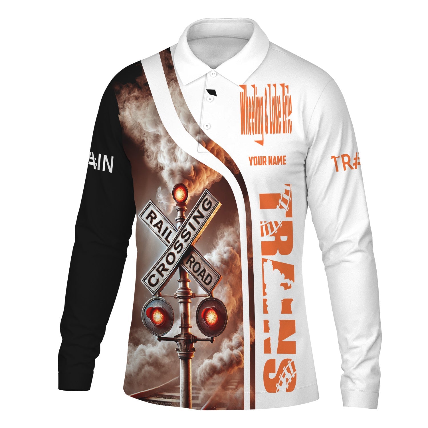 Railspirit Custom Name Wheeling And Lake Erie Railroad Long Sleeve Polo Shirt Railroad Crossing Sign Printed Shirt