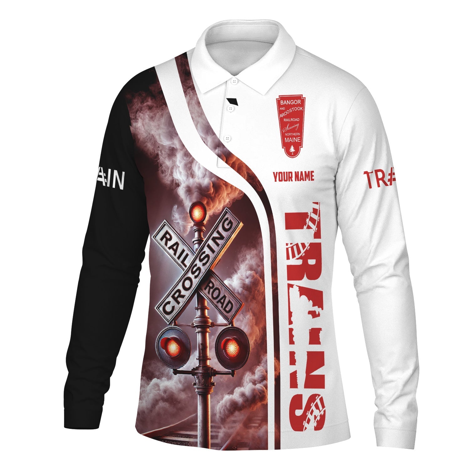 Railspirit Custom Name Bangor And Aroostook Railroad Long Sleeve Polo Shirt Railroad Crossing Sign Printed Shirt