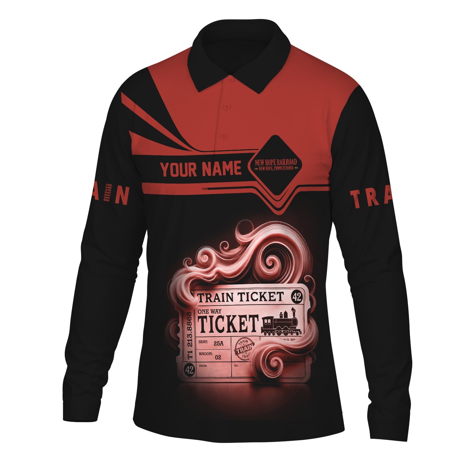 Railspirit Custom Name New Hope Railroad Long Sleeve Polo Shirt Train Ticket Printed Shirt