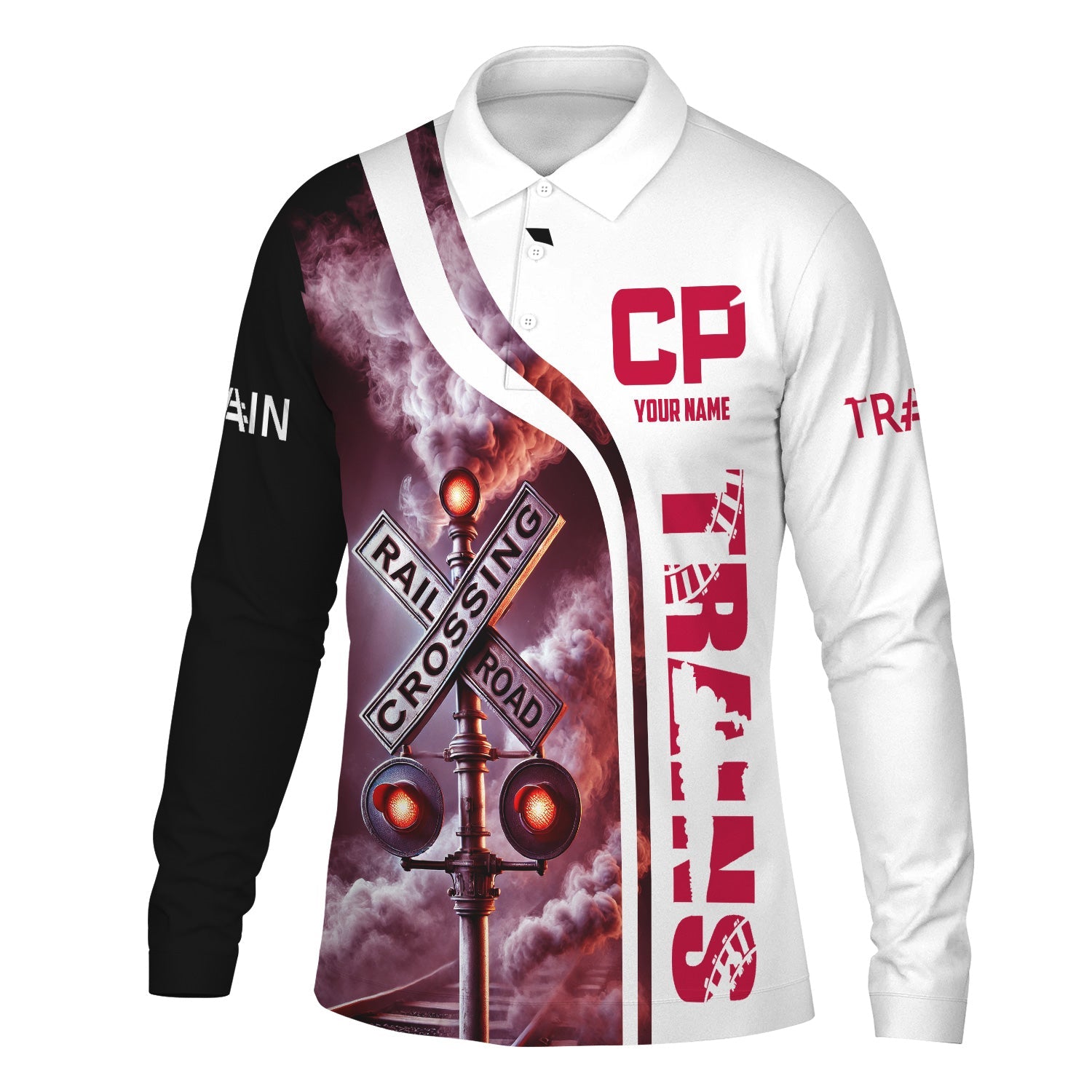 Railspirit Custom Name Canadian Pacific Railroad Long Sleeve Polo Shirt Railroad Crossing Sign Printed Shirt