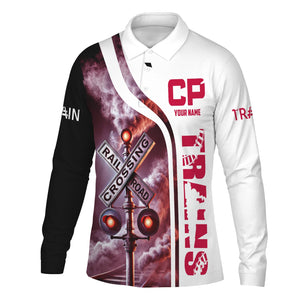 Railspirit Custom Name Canadian Pacific Railroad Long Sleeve Polo Shirt Railroad Crossing Sign Printed Shirt