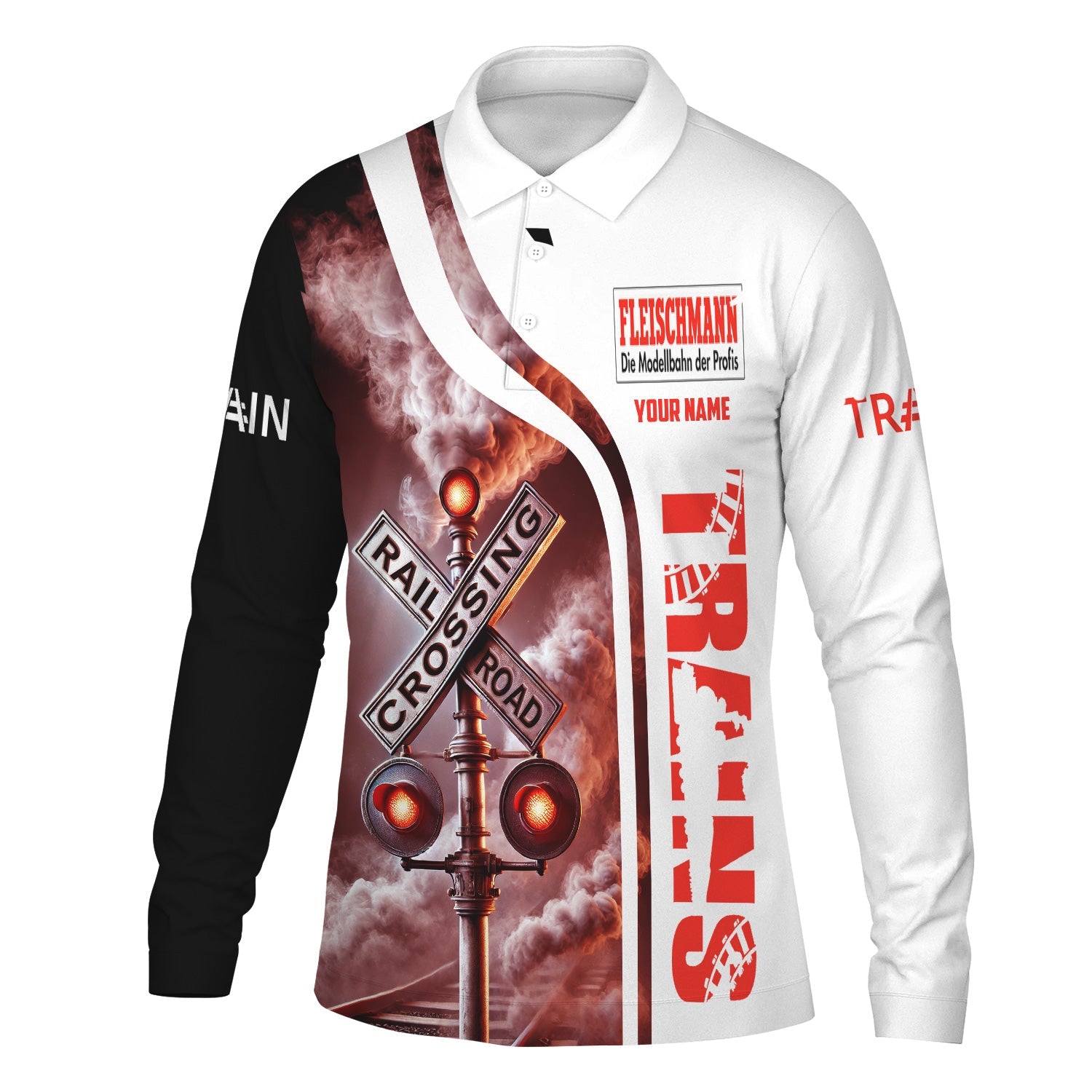 Railspirit Custom Name Fleischmann And Western Railroad Long Sleeve Polo Shirt Railroad Crossing Sign Printed Shirt