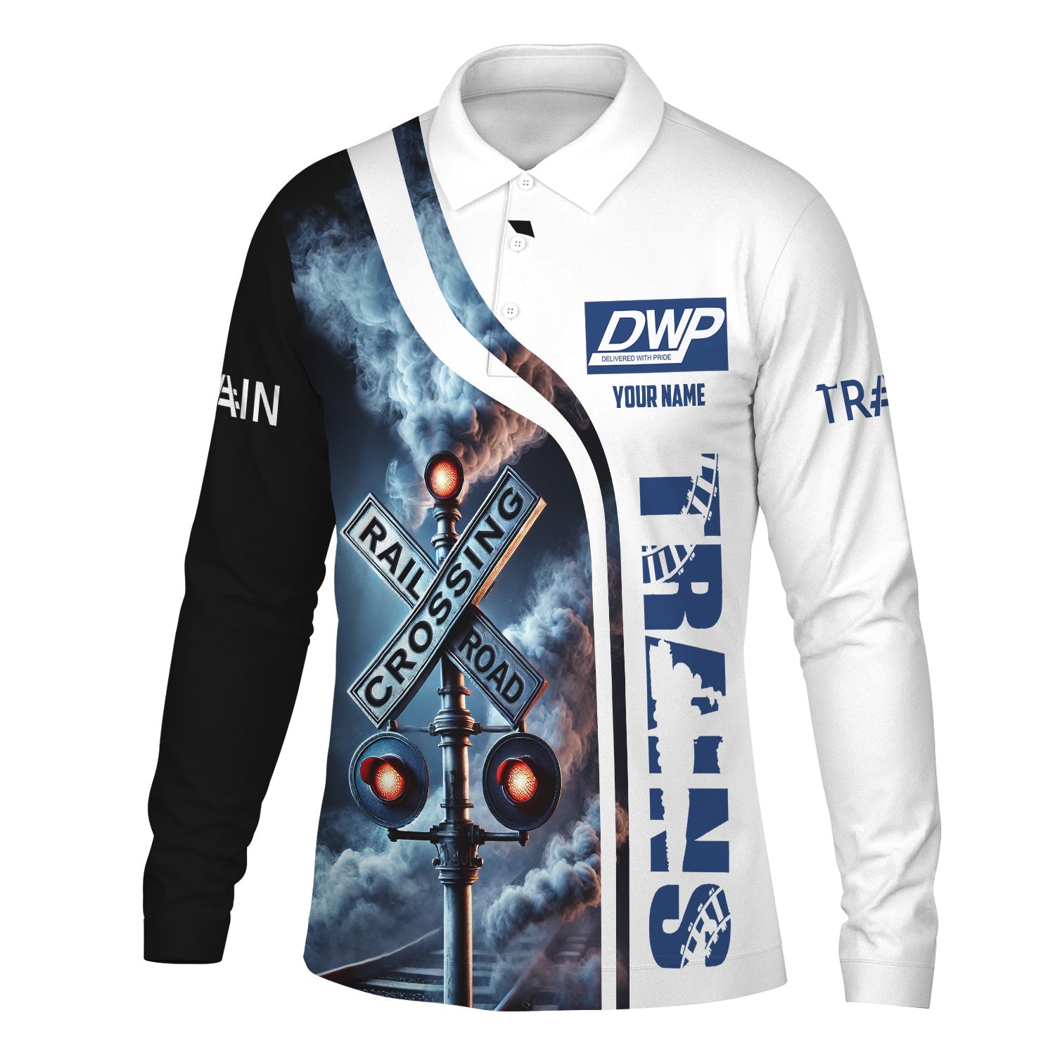 Railspirit Custom Name Duluth, Winnipeg and Pacific Railway Long Sleeve Polo Shirt Railroad Crossing Sign Printed Shirt