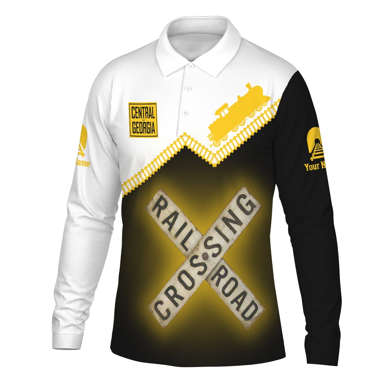Railspirit Custom Name Central of Georgia Railway Long Sleeve Polo Shirt Railroad Crossing Printed Train Track Shirt