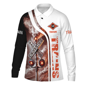Railspirit Custom Name Texas and Pacific Railway Long Sleeve Polo Shirt Railroad Crossing Sign Printed Shirt
