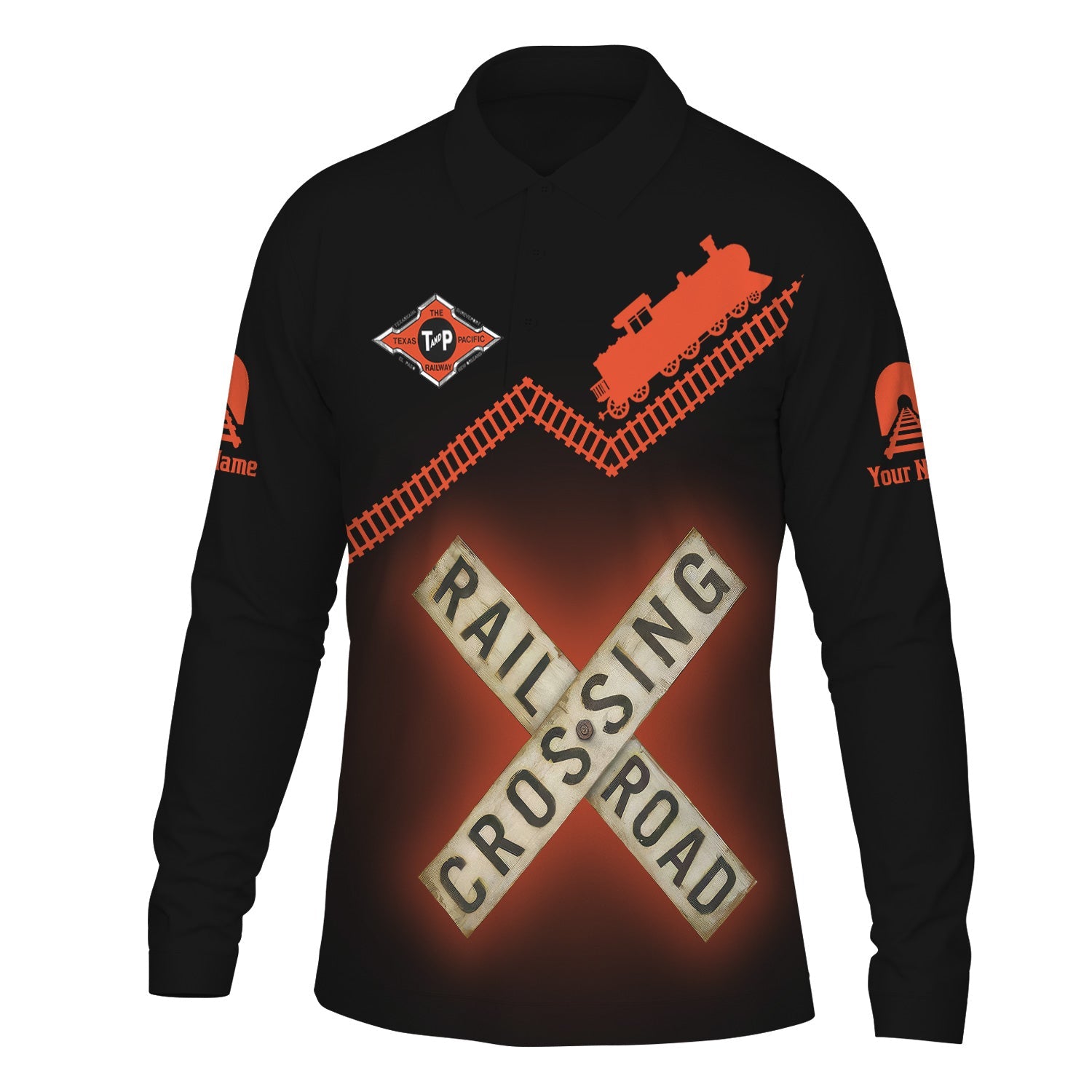 Railspirit Custom Name Texas and Pacific Railway Long Sleeve Polo Shirt Railroad Crossing Printed Train Track Shirt