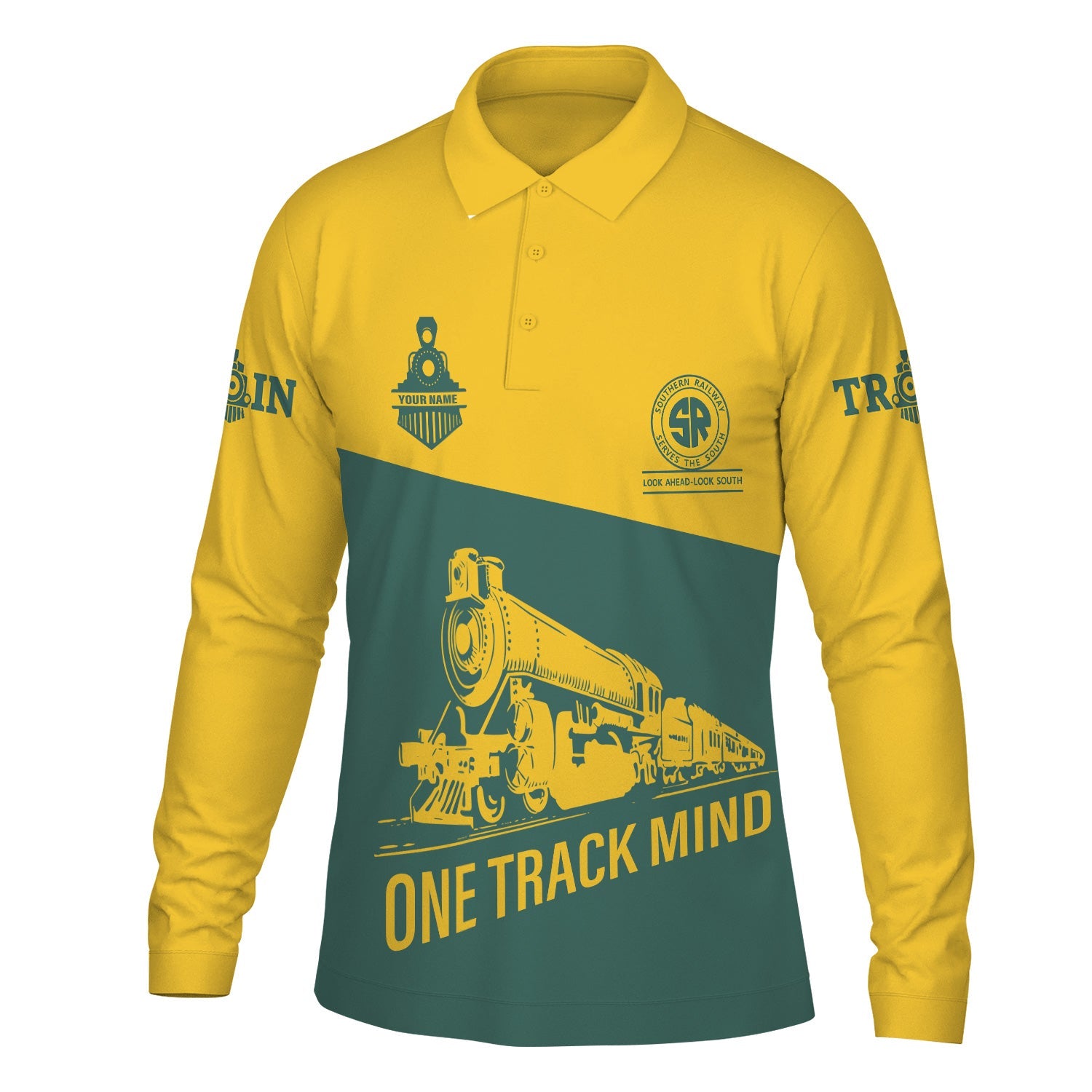 Railspirit Custom Name Southern Railway U.S Long Sleeve Polo Shirt One Track Mind SOU Printed Shirt