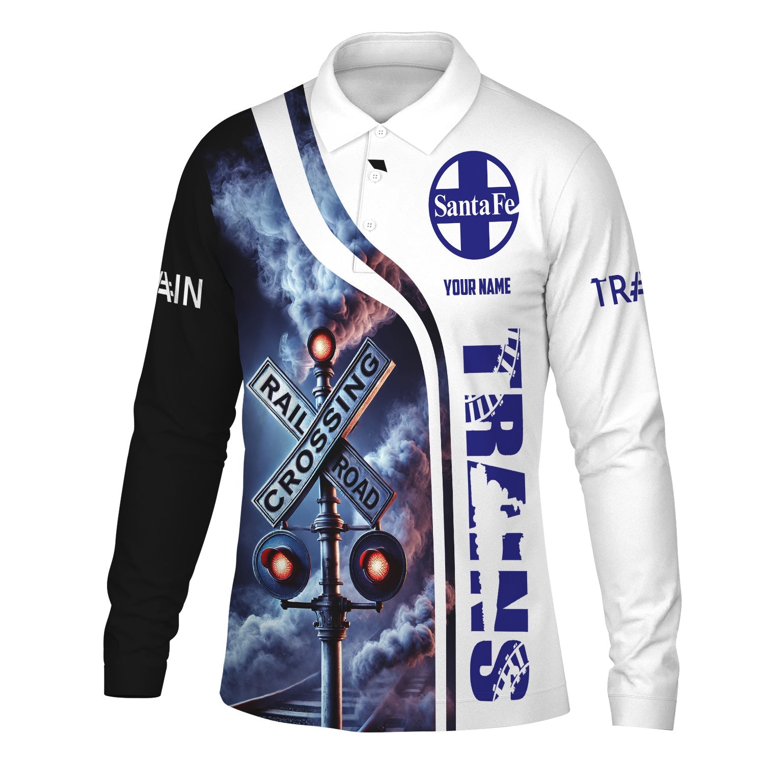 Railspirit Custom Name Santa Fe Railway Long Sleeve Polo Shirt Railroad Crossing Sign Atchison, Topeka and Santa Fe Railway Printed Shirt