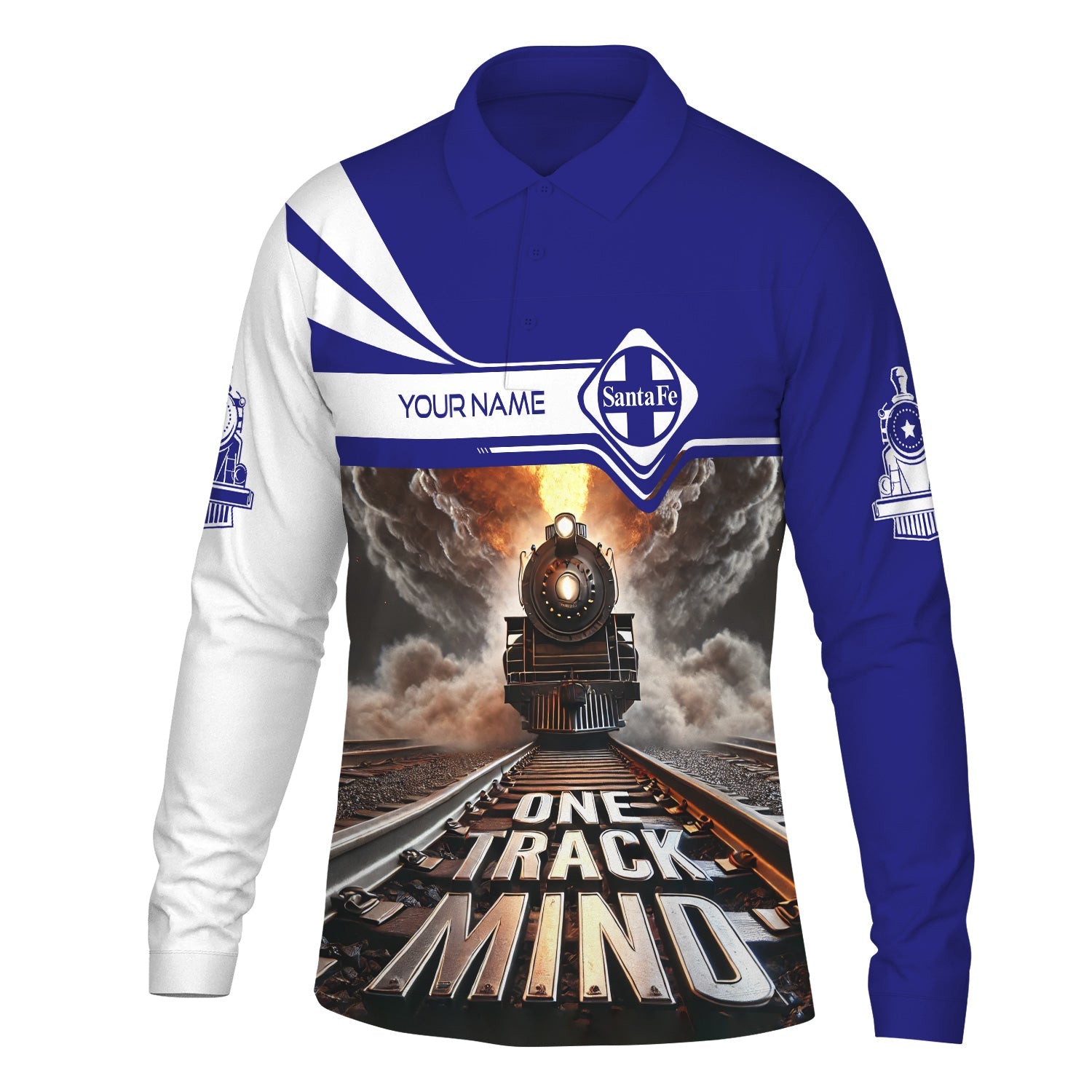 Railspirit Personalized Santa Fe Railway Long Sleeve Polo Shirt One Track Mind Atchison, Topeka and Santa Fe Railway Train Printed Shirt