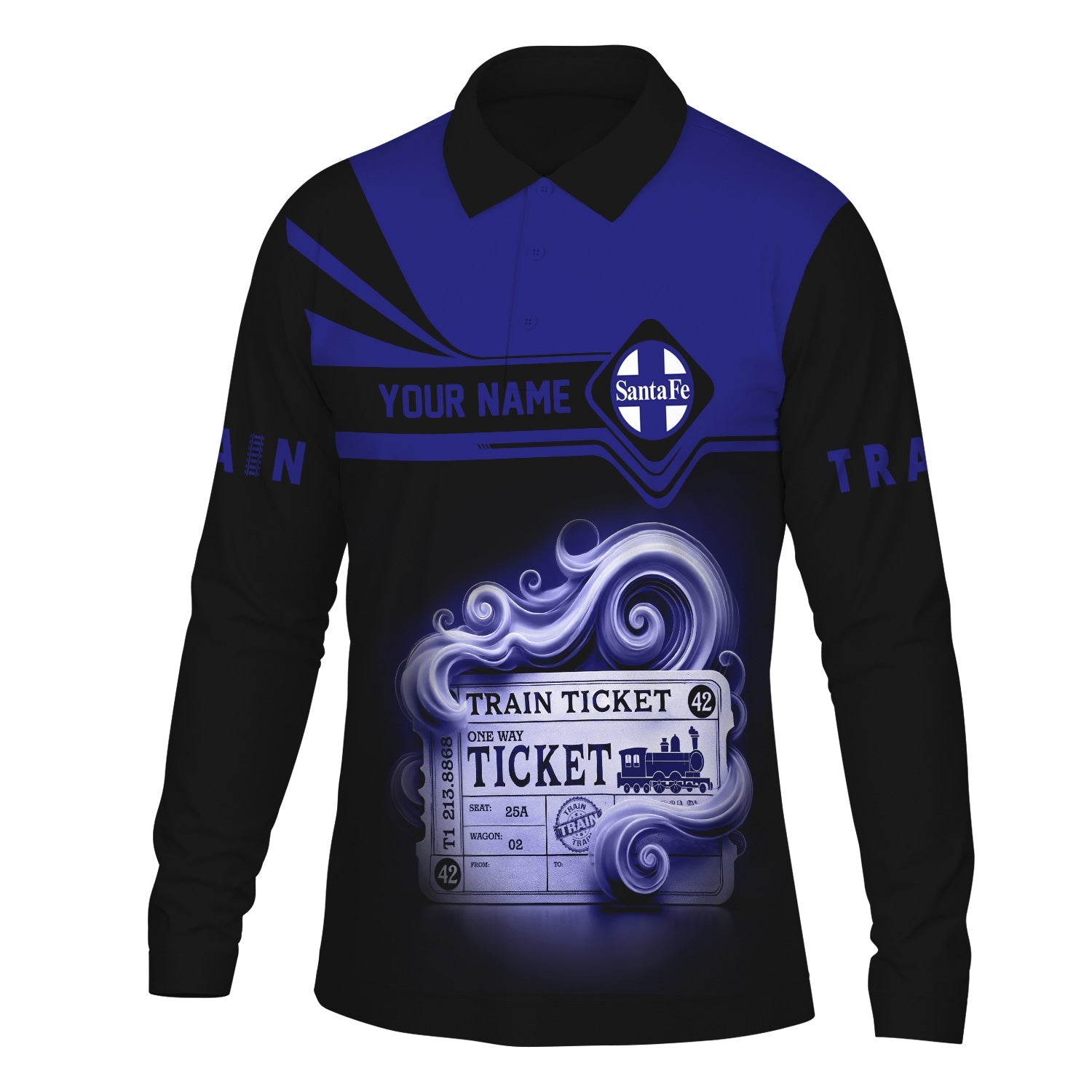 Railspirit Custom Name Santa Fe Railway Long Sleeve Polo Shirt Train Ticket Atchison, Topeka and Santa Fe Railway Printed Shirt